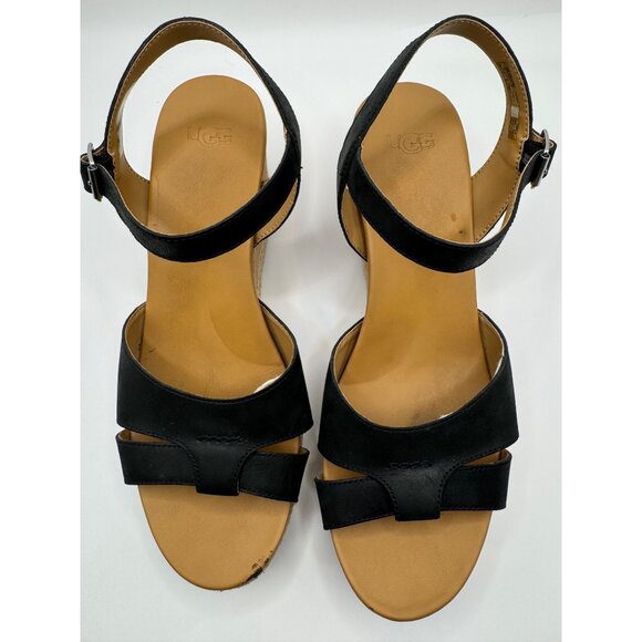 UGG Shoes Women 11 Black Leather Ankle Strap Platform Cloverdale Wedge Sandal - Picture 10 of 12